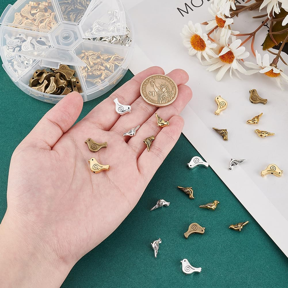 PH Pandahall 120Pcs 6 Styles Bird Spacer Beads, Tibetan Alloy Animal Craft Beads