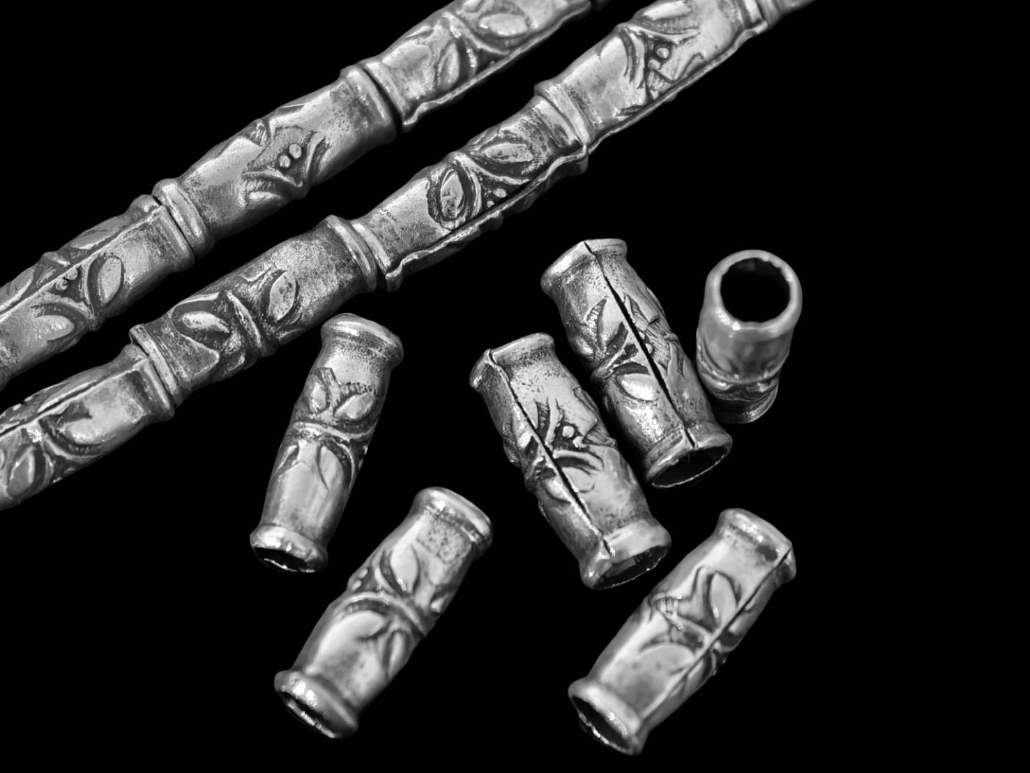 Silver beads Karen hill tribe silver fancy print tube bead