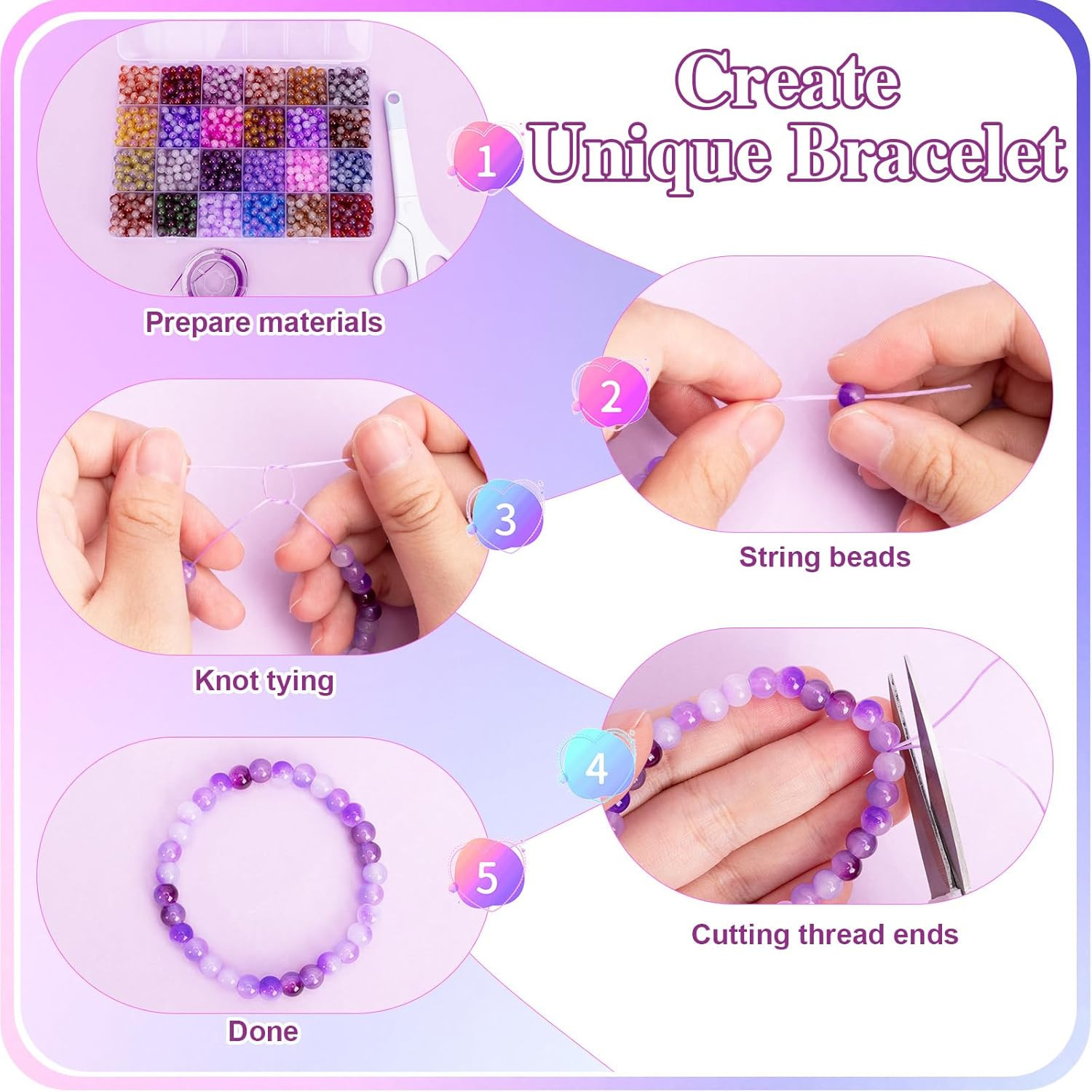 about 1200+ Pcs 6Mm Glass Beads Bracelet Making Kit, 24 Assorted Purple Bi-Color