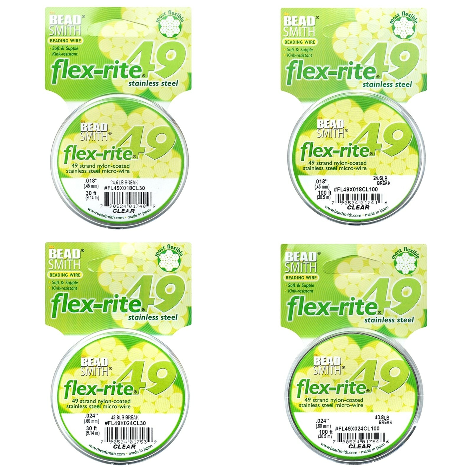 FLEXRITE Clear Beading wire Beadsmith 49 Strand 0.018″ 0.024″ – 30 ft / 100 ft