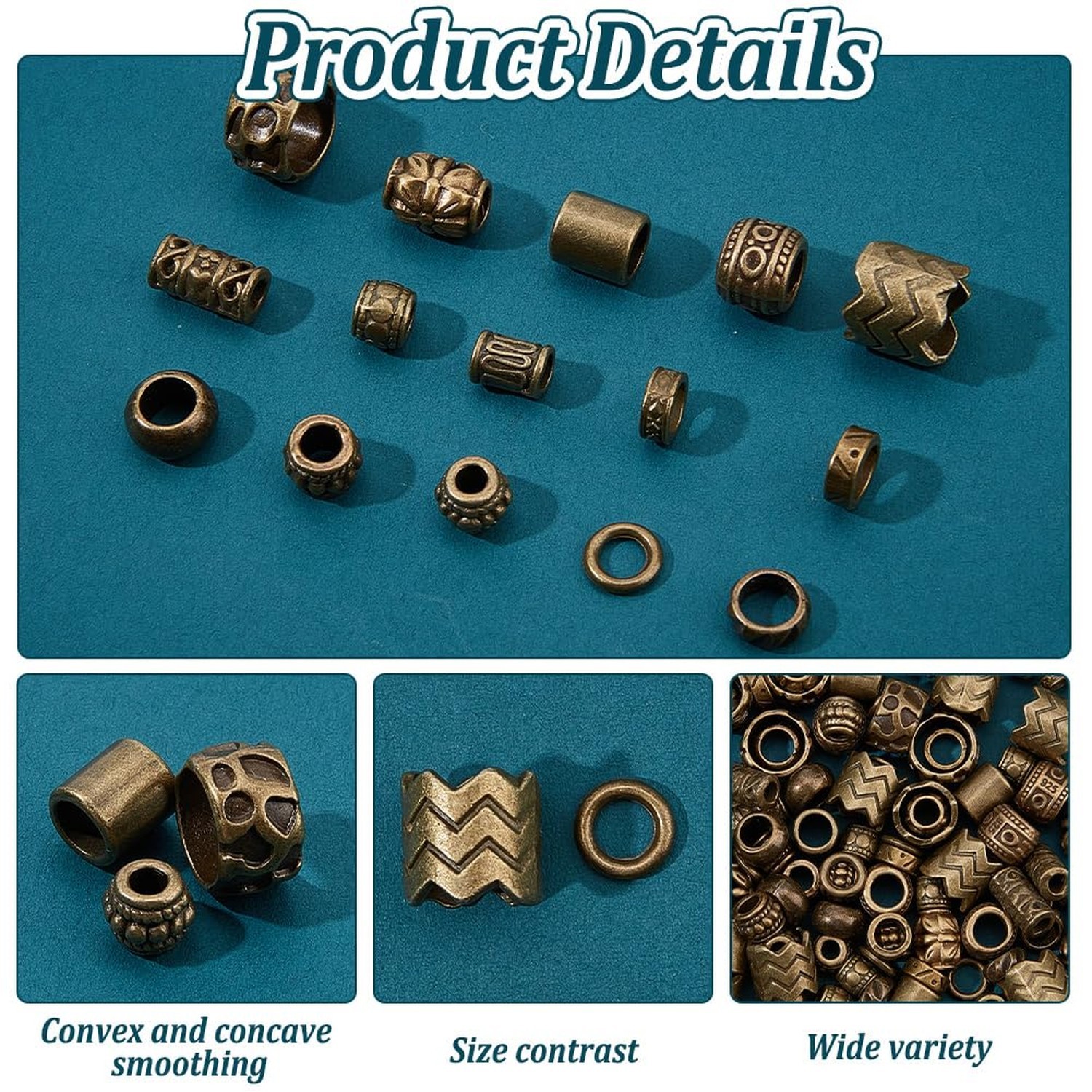 NBEADS 150 Pcs 15 Styles Alloy Spacer Beads, Antique Bronze Hair Beads Alloy …