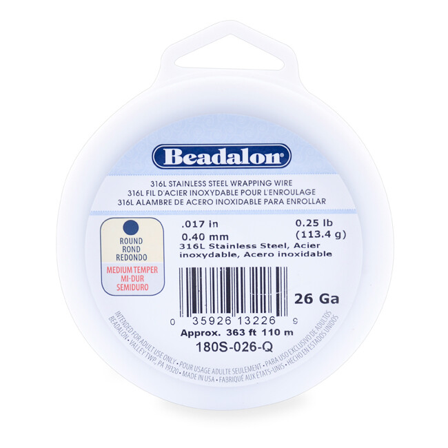 Beadalon® 316L Stainless Steel Wrapping Wire, Round, Choose Gauge and Length