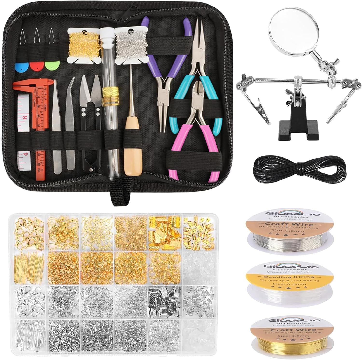 Adult Jewelry Repair Kit with Pliers, Wires, Chains, and Storage Bag