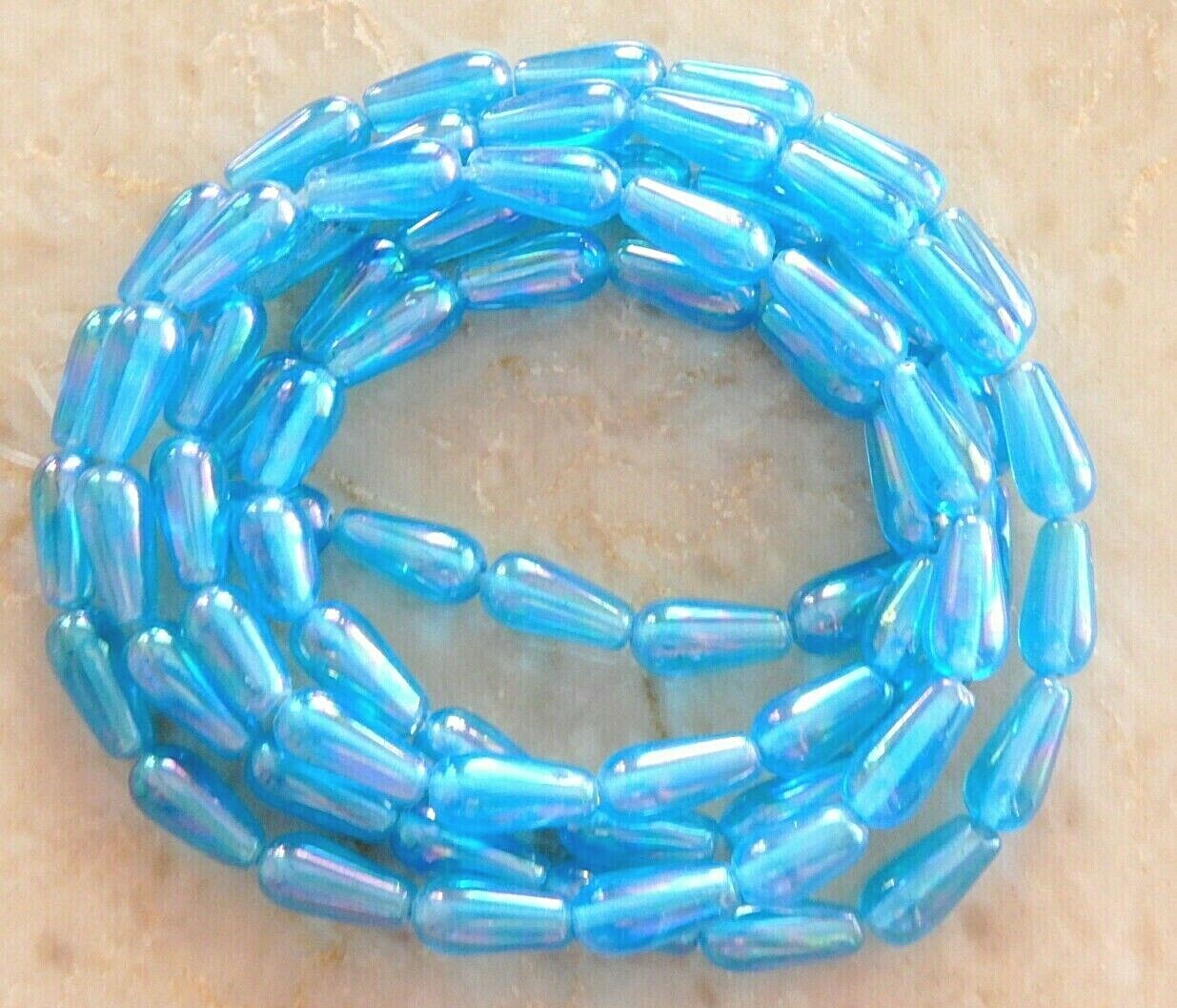 68 Aqua Blue Luster Glass 13x6mm Smooth Teardrop Long 36 Inch Strand Art Beads