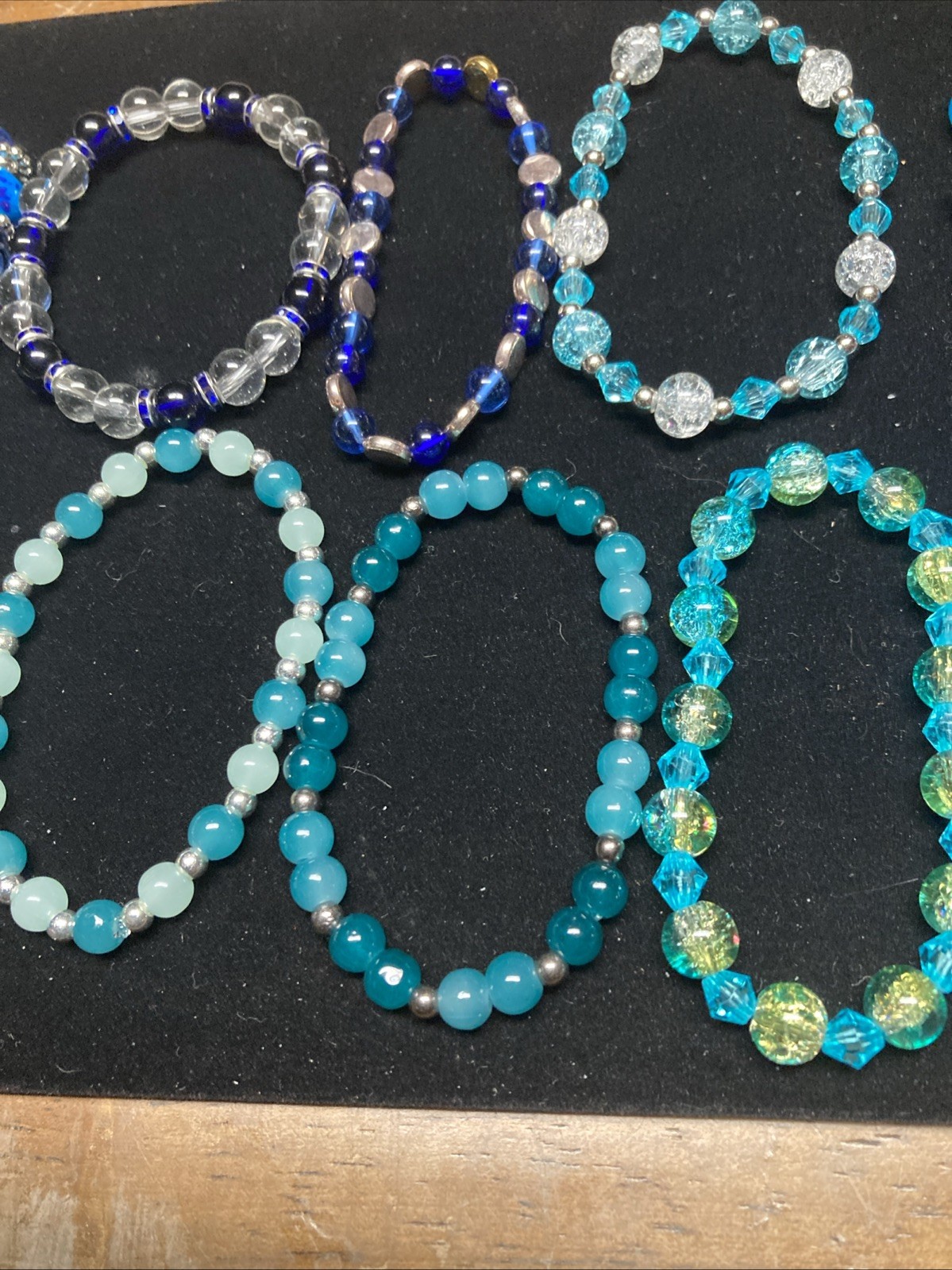 Handmade Glass Beads & Acrylic Bracelets, Lot Of 12 Blue Colors, Stretch Cord.