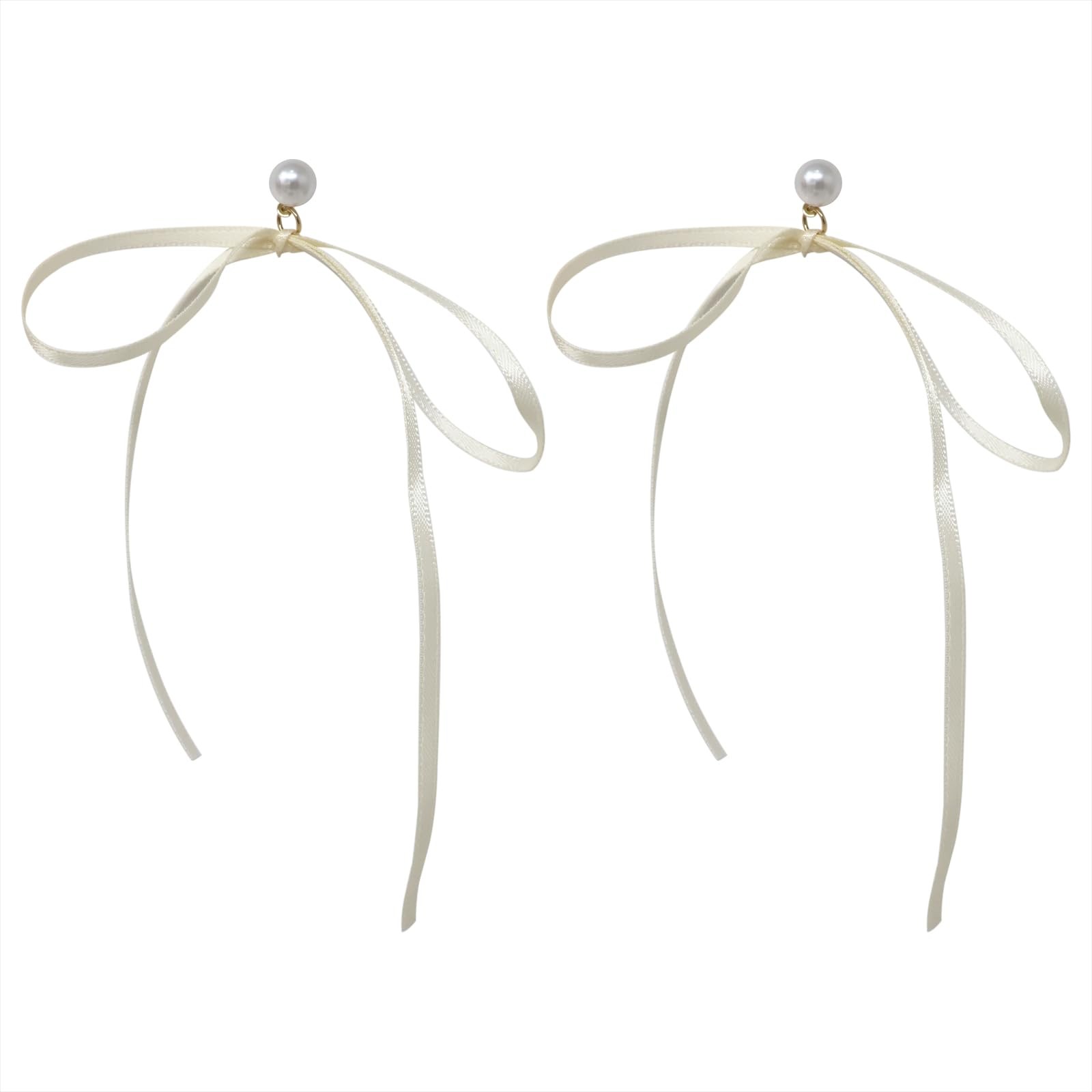1 Pair White Bow Ribbon Earrings Ballet Style Ribbon Earrings Elegant Faux Pearl