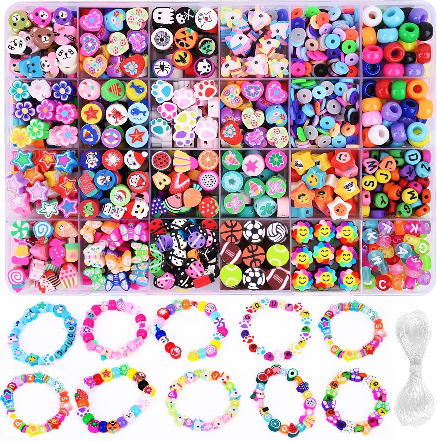 1000PCS Polymer Clay Beads Bracelet Making kit, 24 Style Cute Fun Beads Fruit Fl