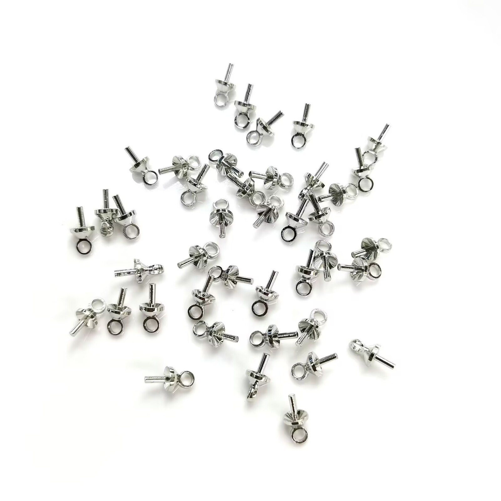 100 Silver Tone Eye Pin Pendant Connector Bail For Half-Drilled Pearl with 3mm