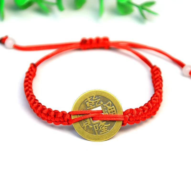 Red String Bracelet with Lucky Copper Coins Chinese Feng Shui Wealth Attraction