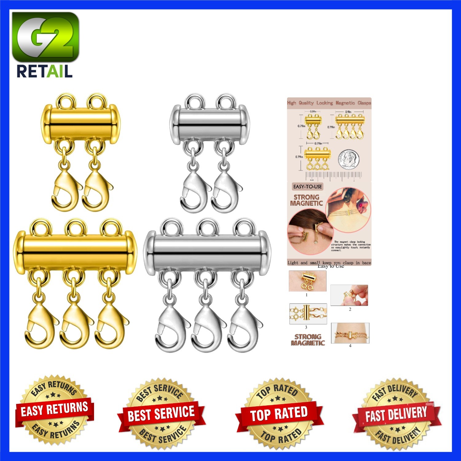 Multi-Strand Magnetic Slide Clasp Set – Gold & Silver Plated, 4PCS Easy to Use