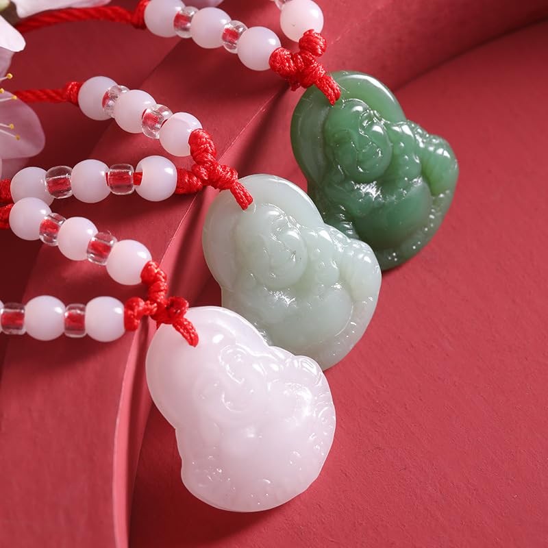 Green Jade Buddha Circle Red String Pendant Necklace – Chinese Traditional – 09