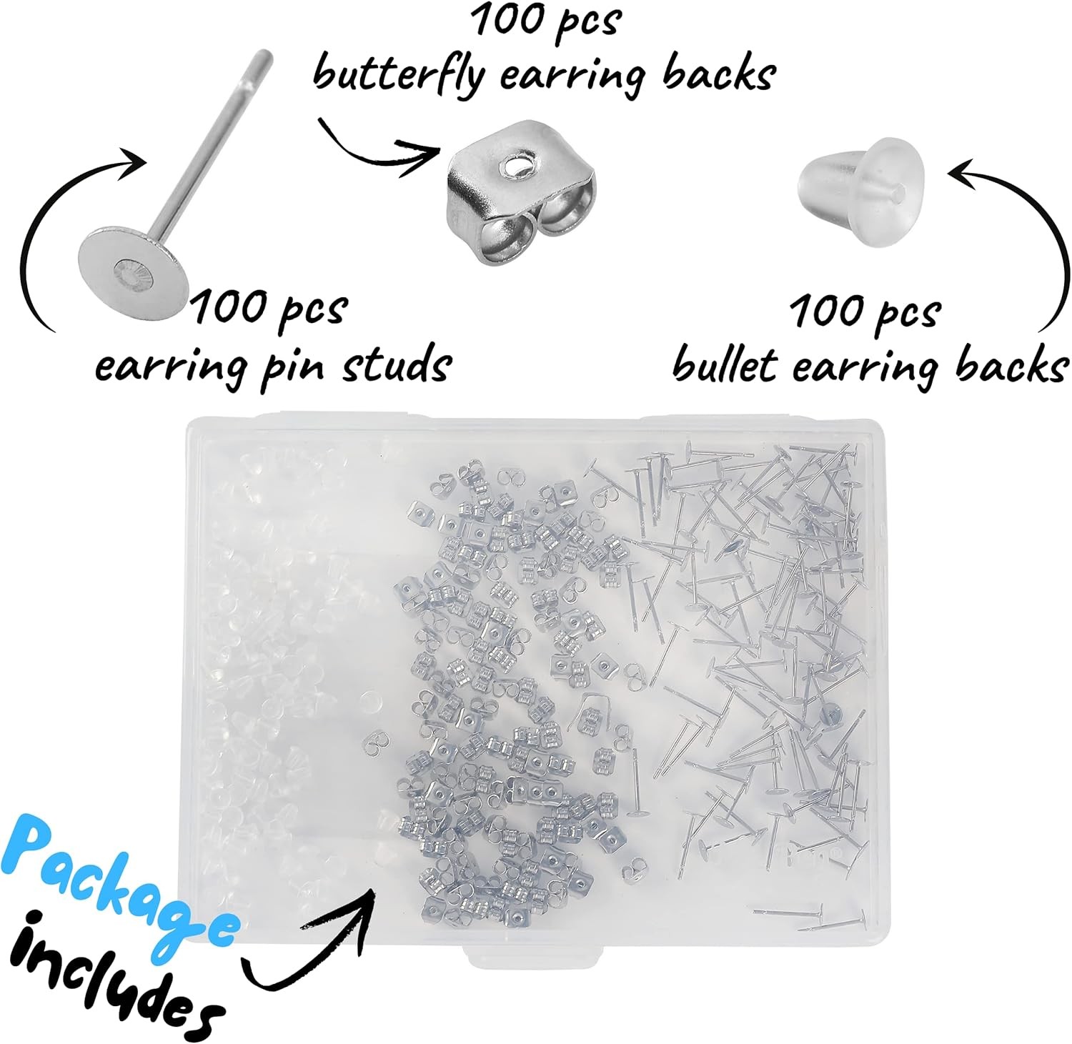 – Earring Posts, 300 pcs, Silver, Earring Studs for Jewelry Making, Earring Post