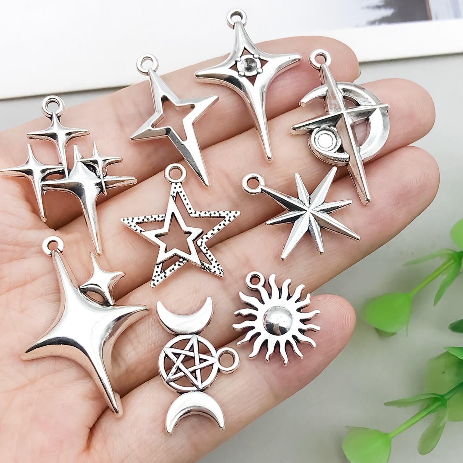 BULK 100Pcs Star Moon Charms DIY Jewelry Making Pendants Antique Silver