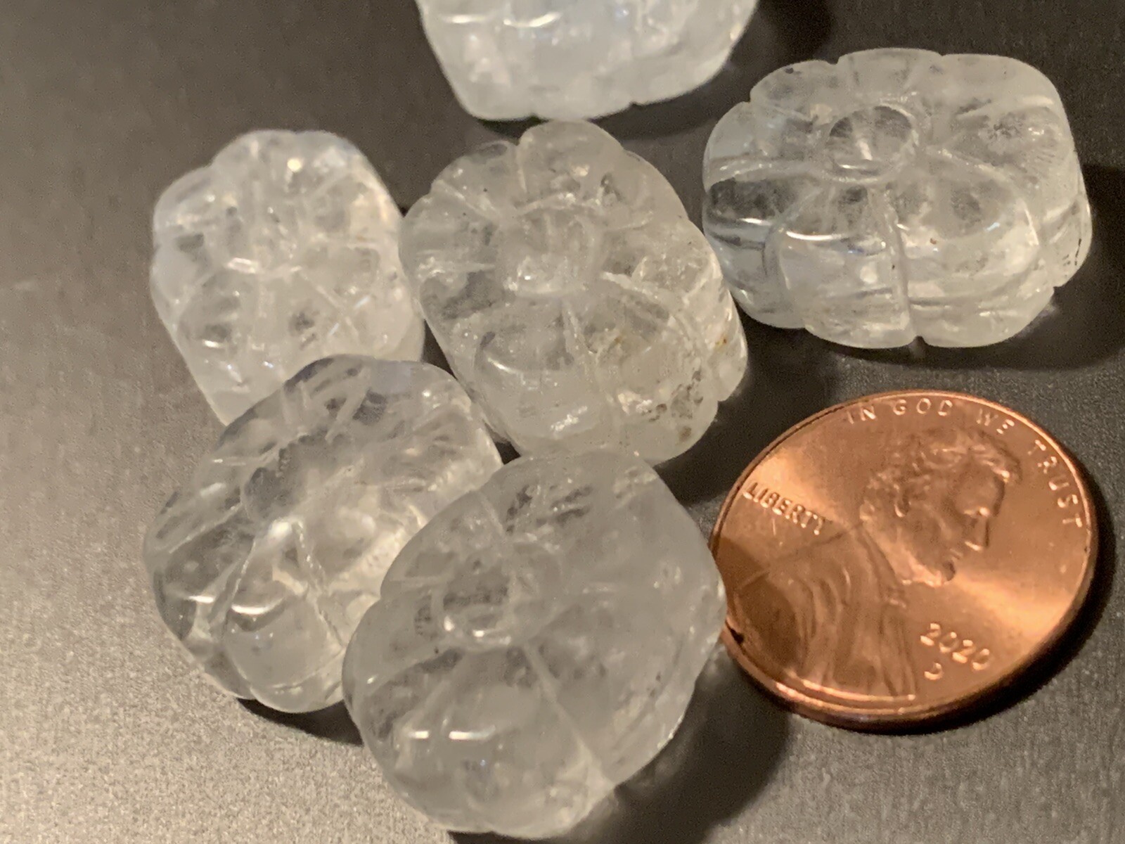 Vintage Carved Chinese Bead Clear Quartz Crystal Flower Shape 20mm x 15mm x 8mm