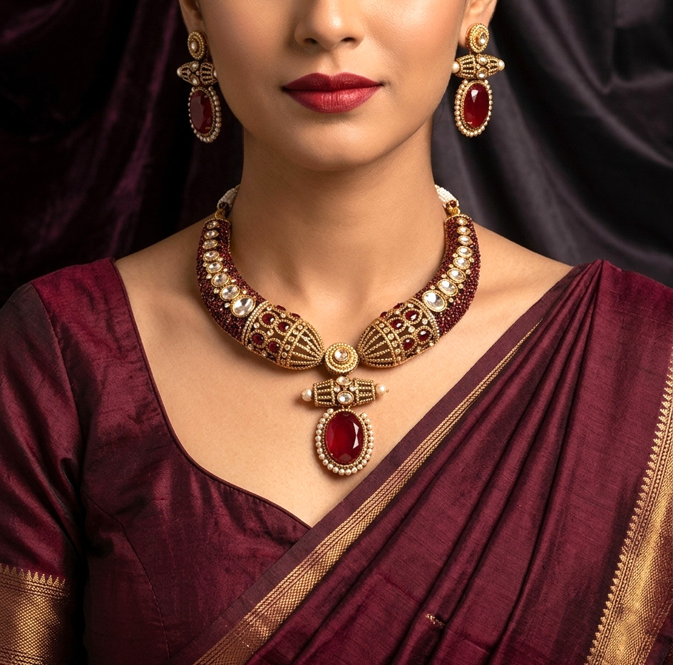Polki Red Choker Necklace Set Sabyasachi Inspired Moissanite Kundan set