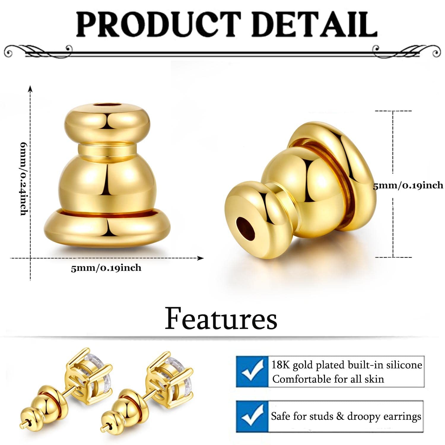 Earring Backs for Studs, 18K Gold Bullet Earring Backs Replacements for Studs…