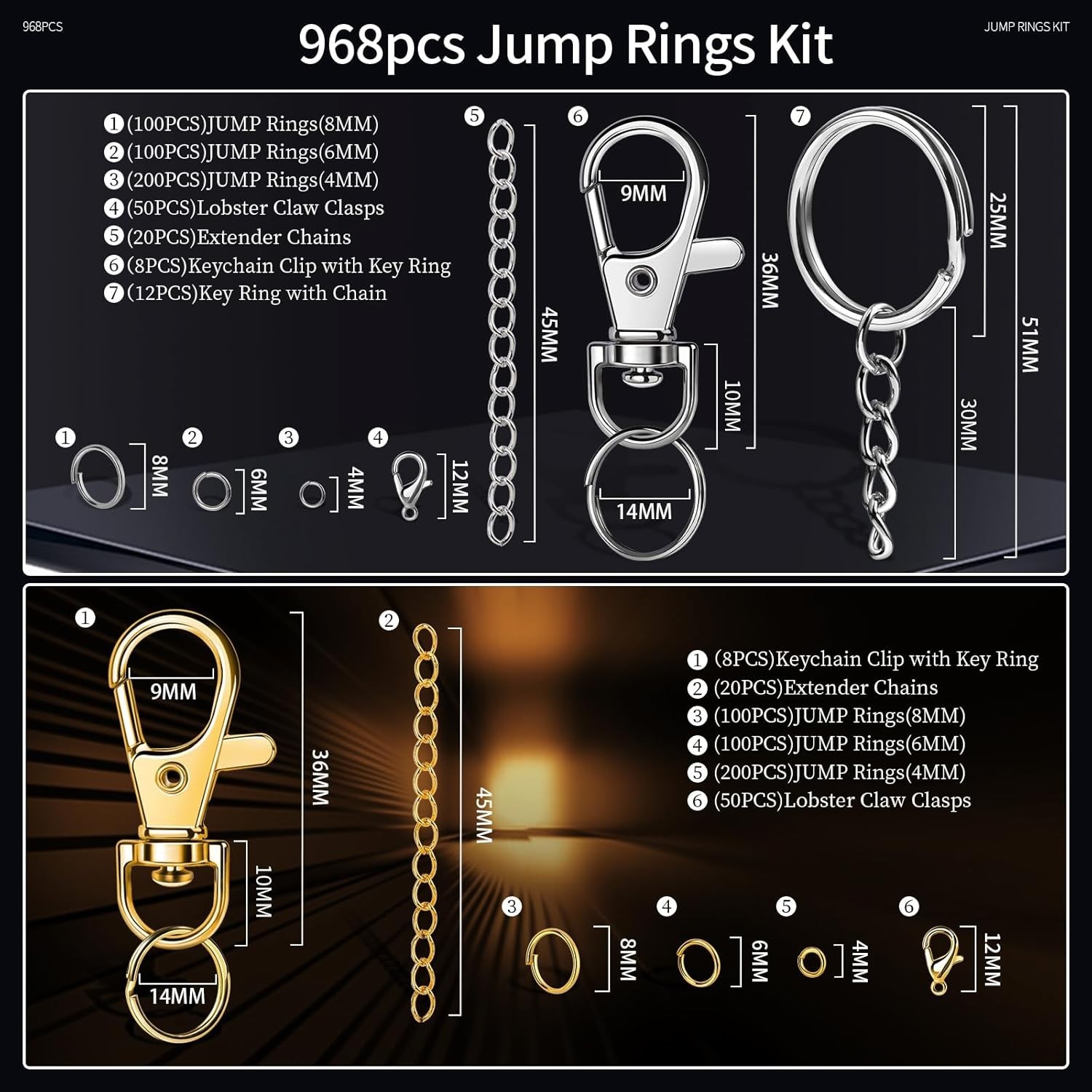 968pcs Jump Rings Jewelry Making Kit with Clasps Gold Silver Rings for Necklace