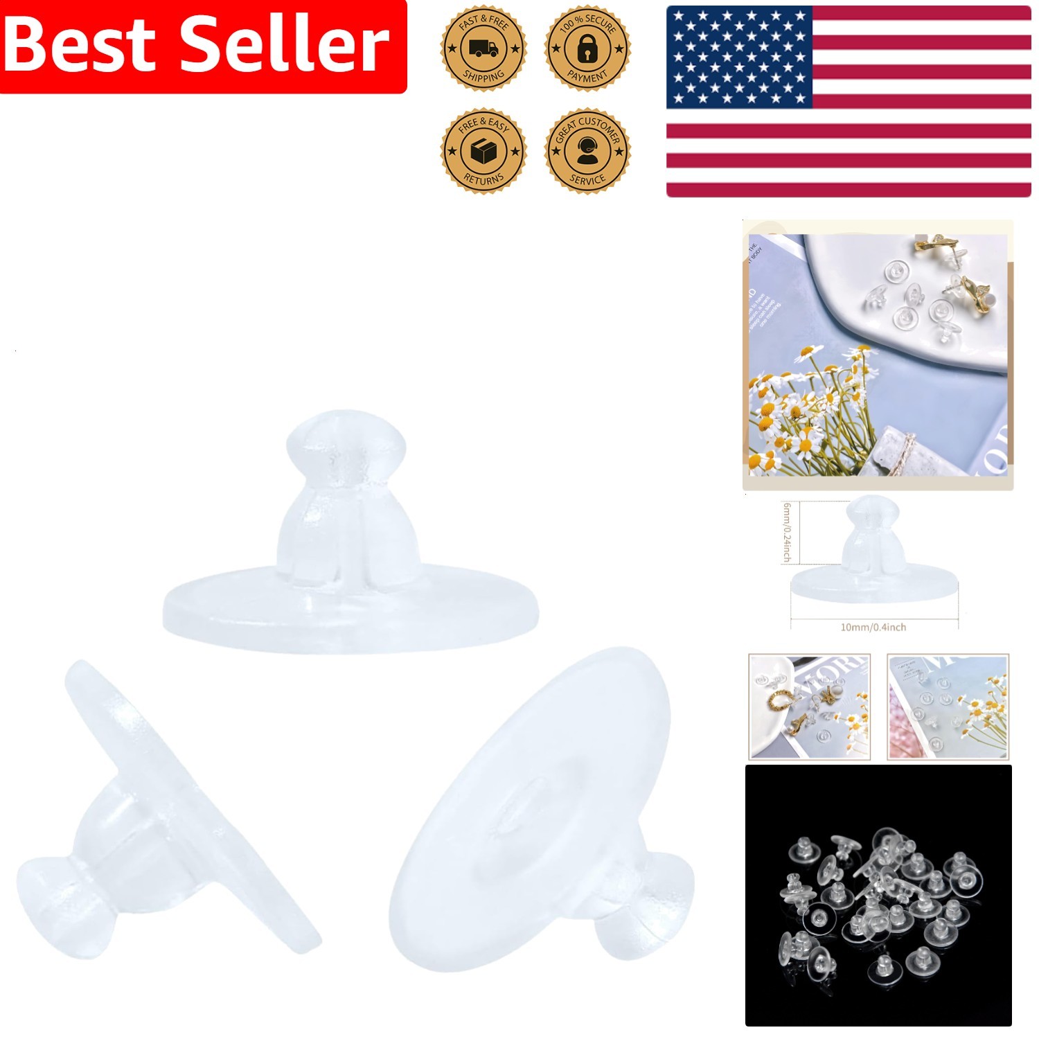 Bullet Clutch Backings 100pc Soft Clear Rubber Earring Stoppers for Secure Posts