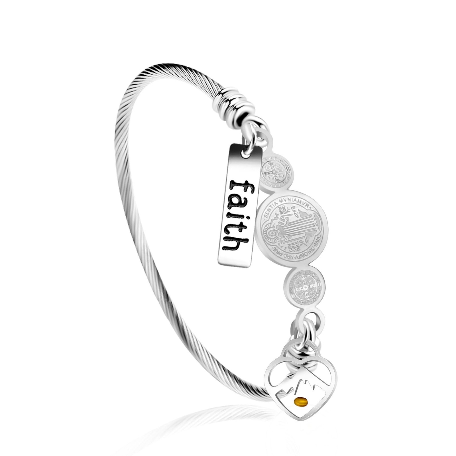 Platinum Plated Twisted Rope Saint Benedict Medal Bangle Bracelets for Wome – 01