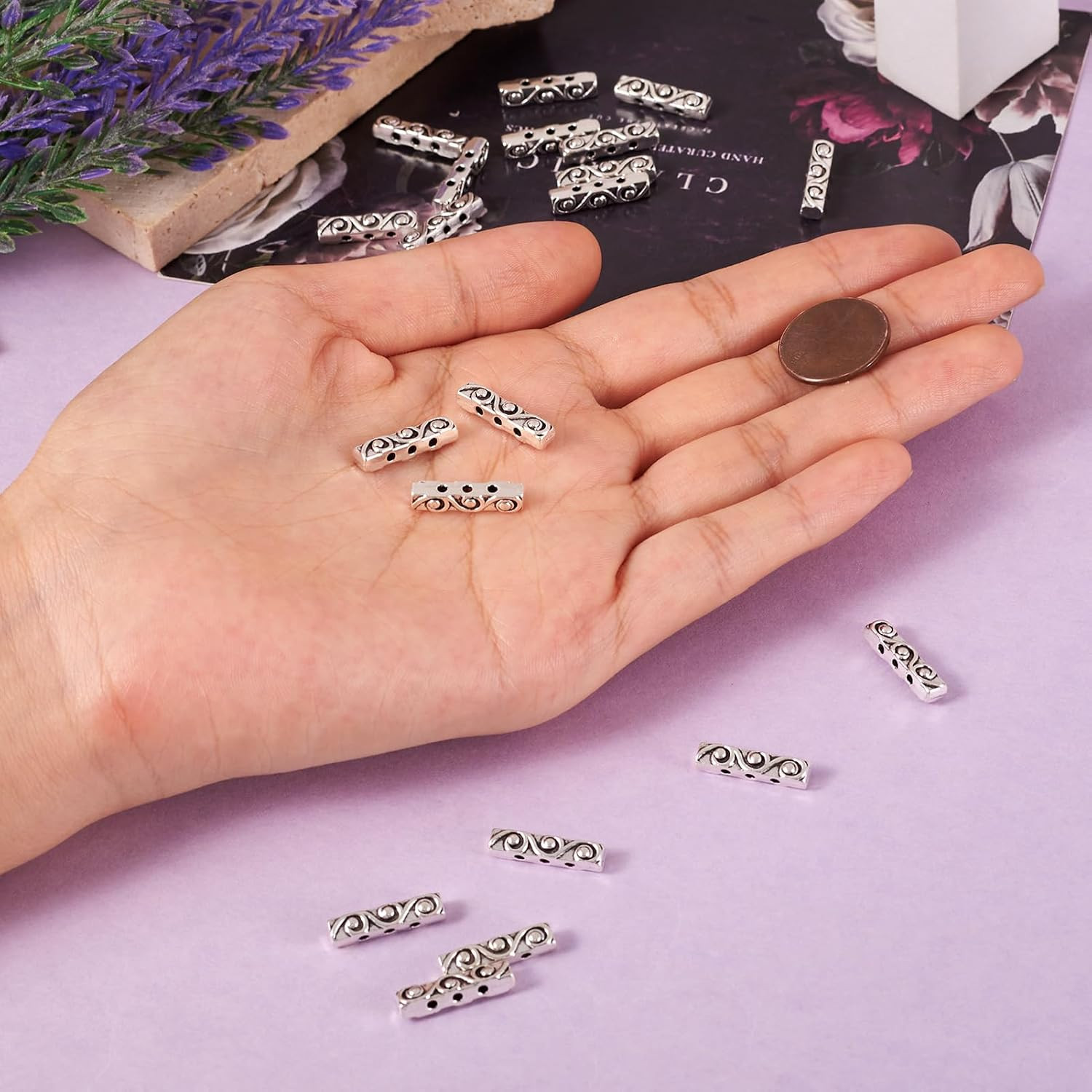 Pandahall 20Pcs Tibetan Style Antique Silver Alloy 3 Holes Rectangle Spacer Bar
