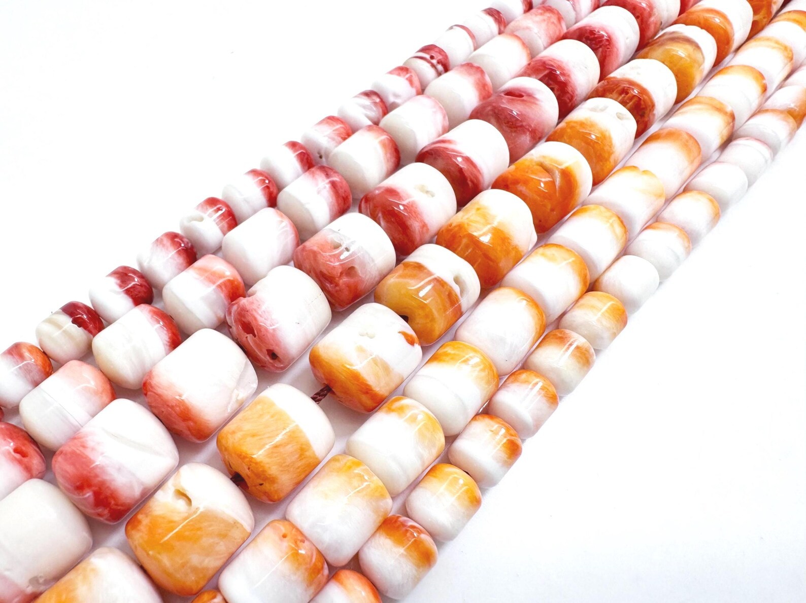 Spiny Oyster Shell Barrel Orange White Tube Smooth Polished Chunky Beads PG172