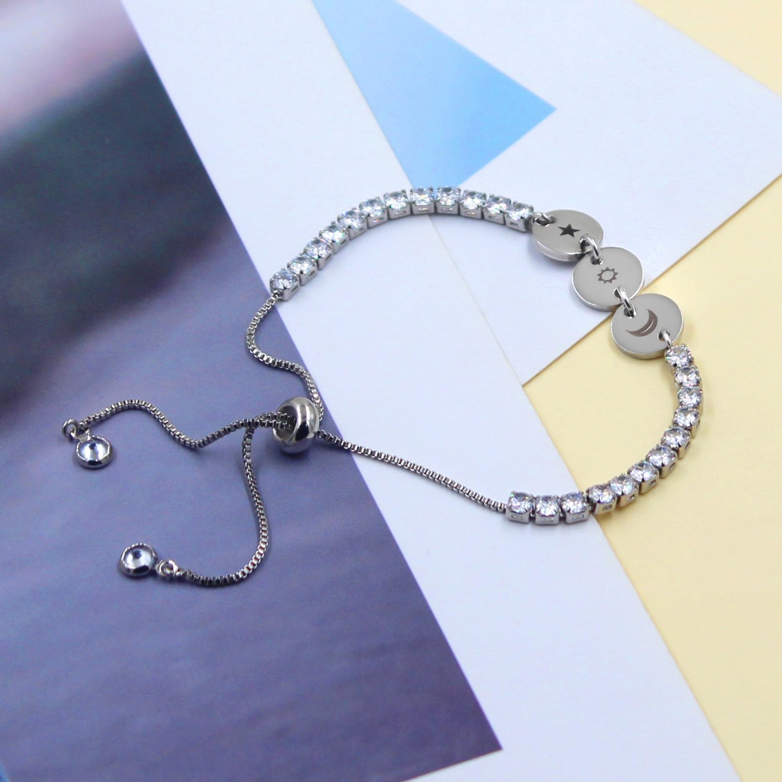 Platinum Plated Star Moon Sun Bracelet -3 Round Charm Tennis Bracelets for Women