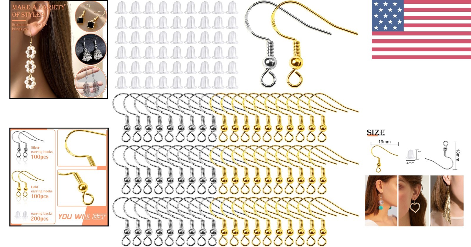 200pcs Hypoallergenic 925 Sterling Silver Earring Hooks with 200 Backs for DIY