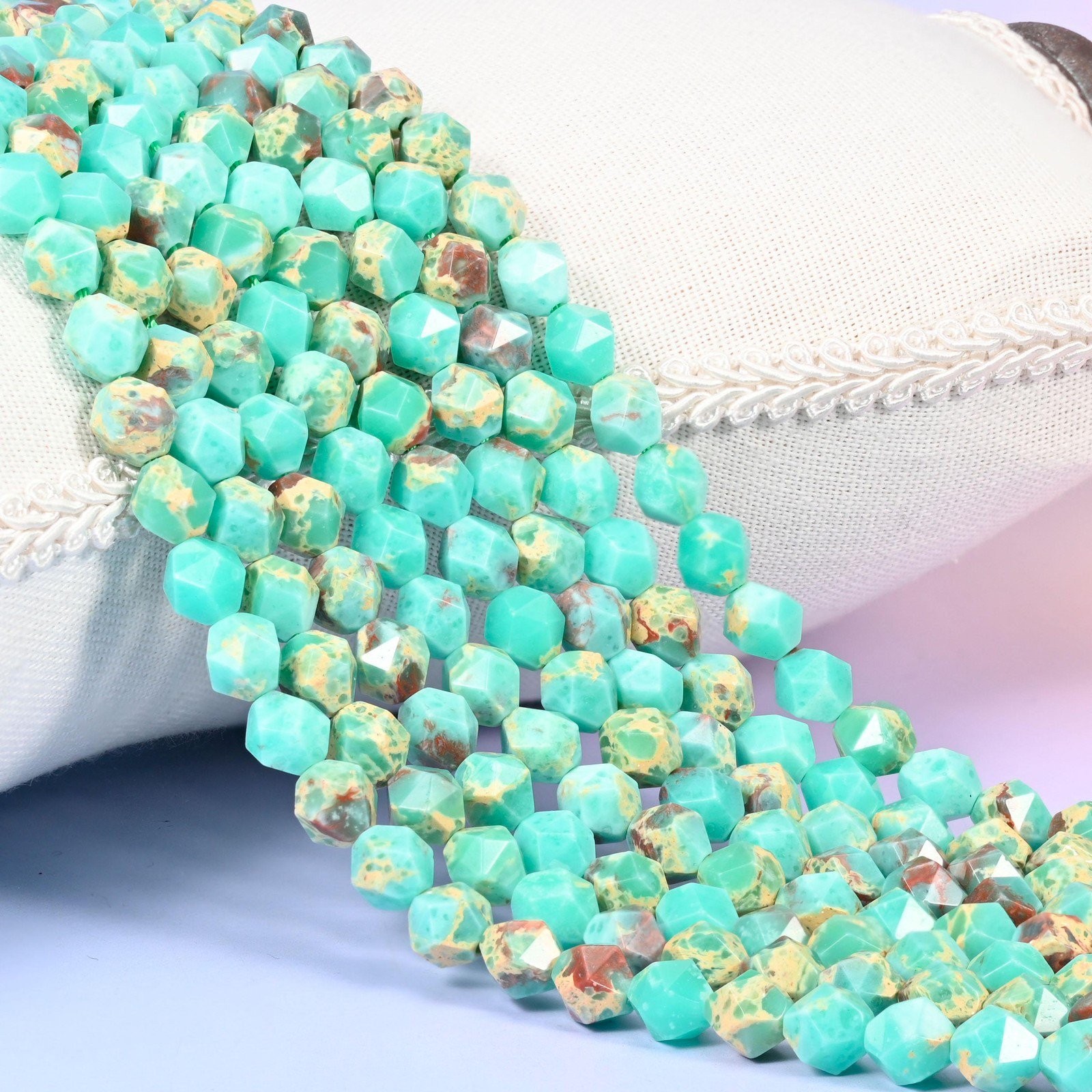 Green Shoushan Stone Beads: Faceted Diamond Star Cut, 6-10mm, 15.5 inch Strand