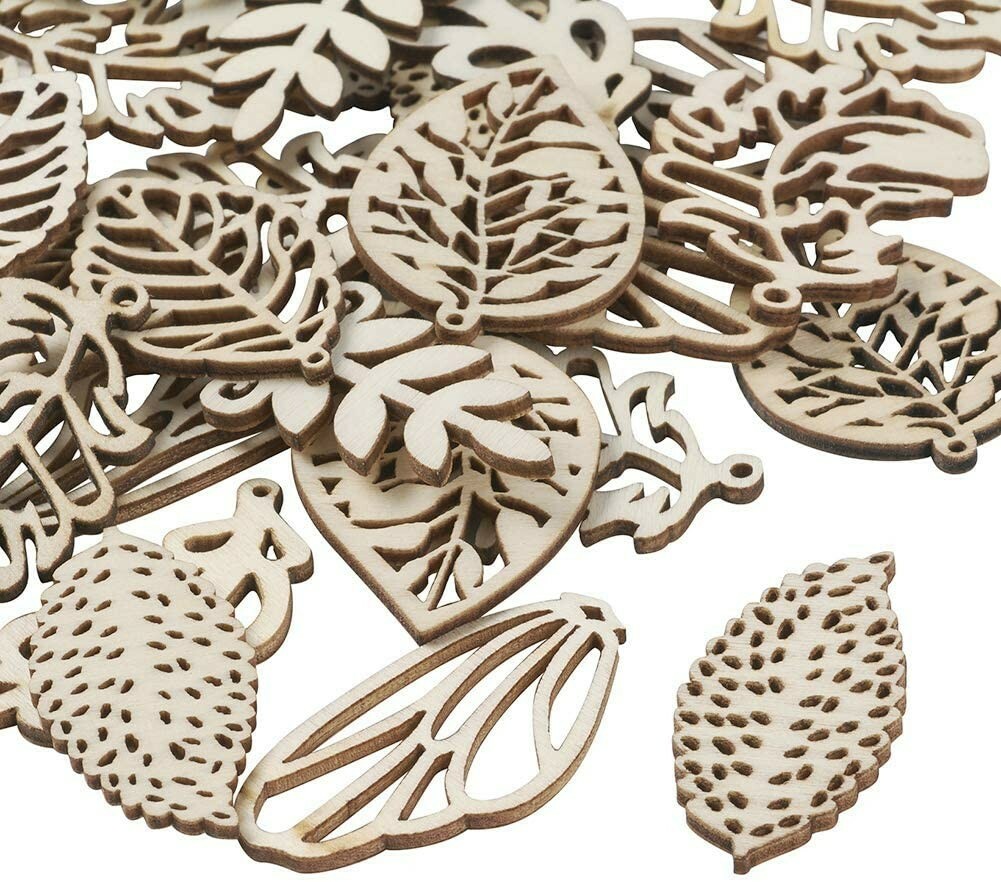 10 Large Wood Pendants Assorted Lot Leaf Charms Wings Boho Mixed Set 47mm