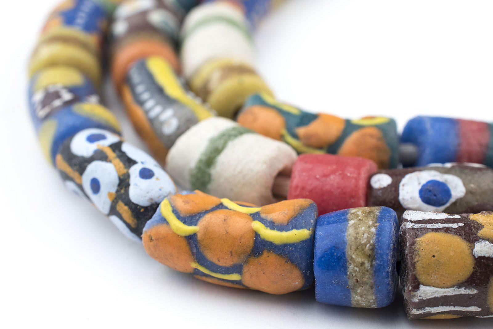 Krobo Fancy Powderglass Beads Long Strand 10mm Ghana African Multicolor Cylinder