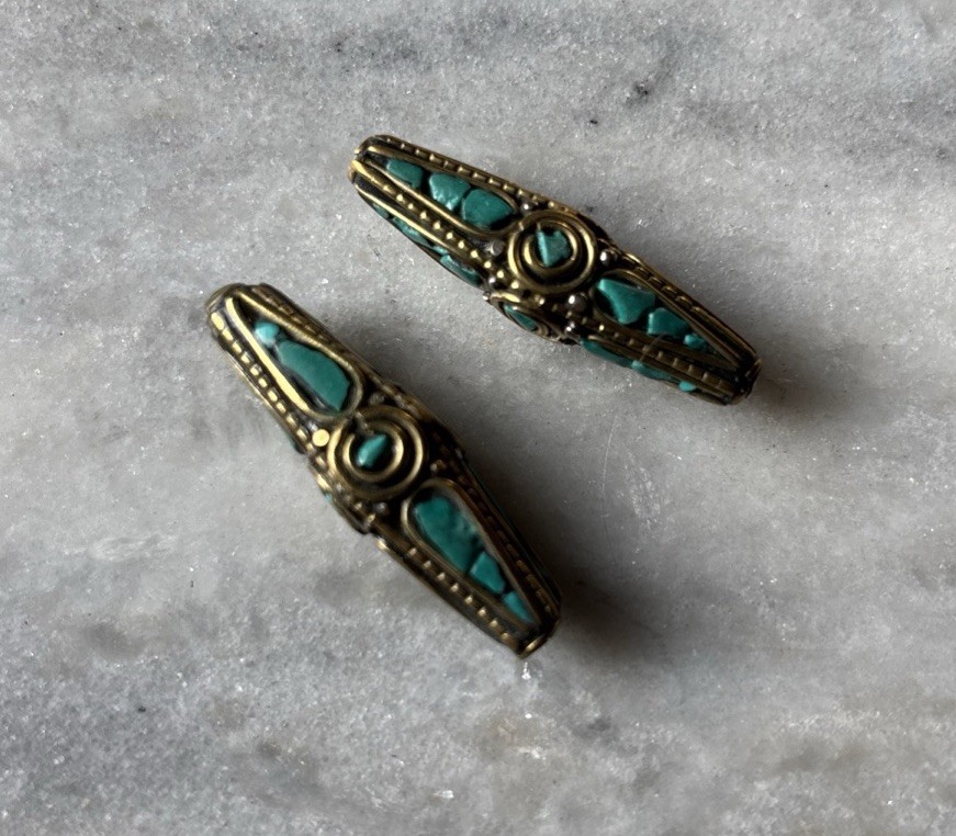 Two Tibetan Brass Turquoise Beads 38x11mm CC62