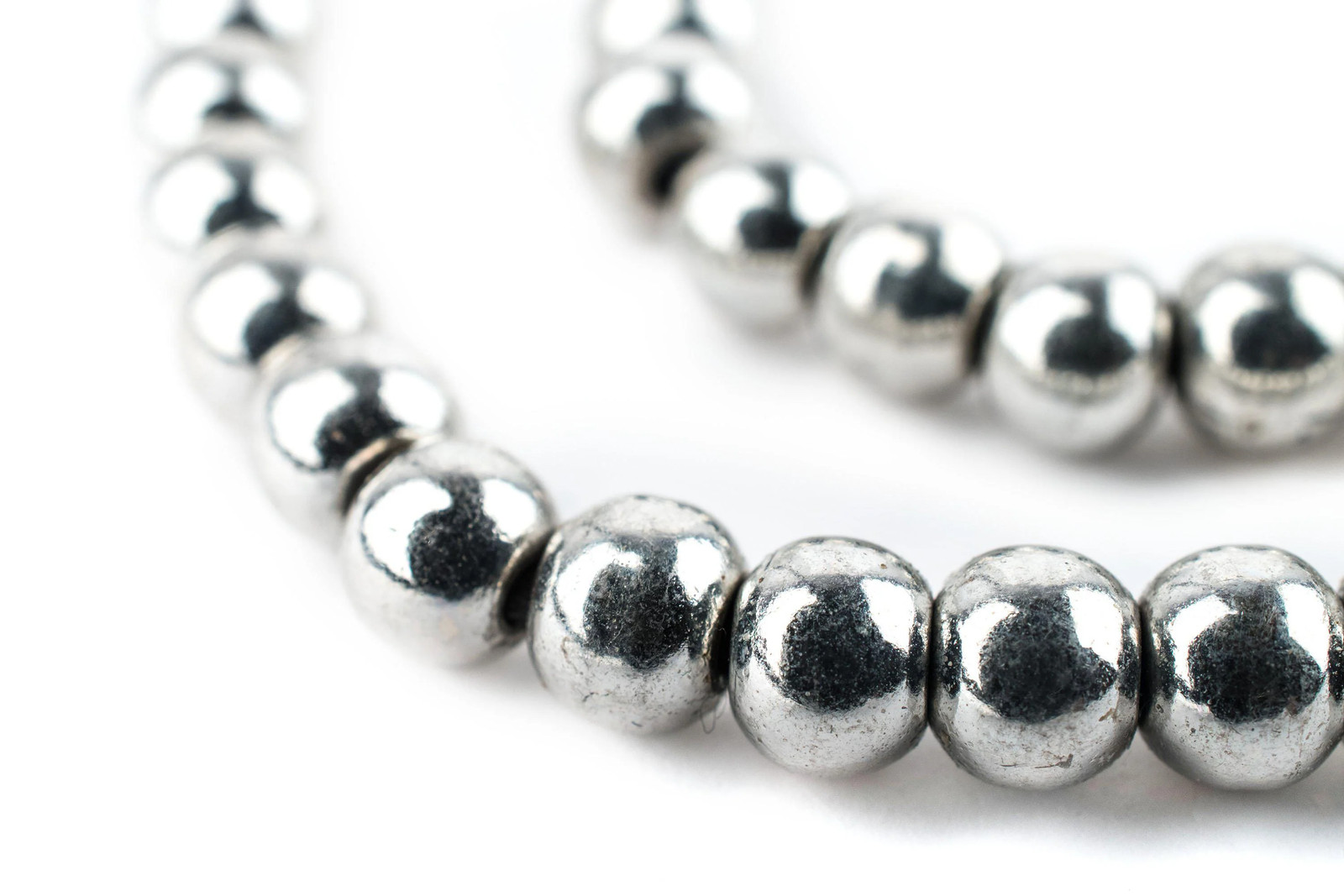 Bright Silver Round Sphere Beads 6mm White Metal Large Hole 16 Inch Strand
