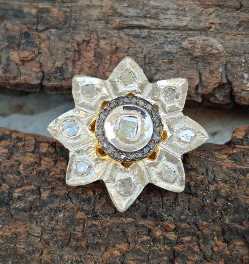 Star Design Rose Cut Polki Diamond Statement Handmade 925 Sterling Silver Ring