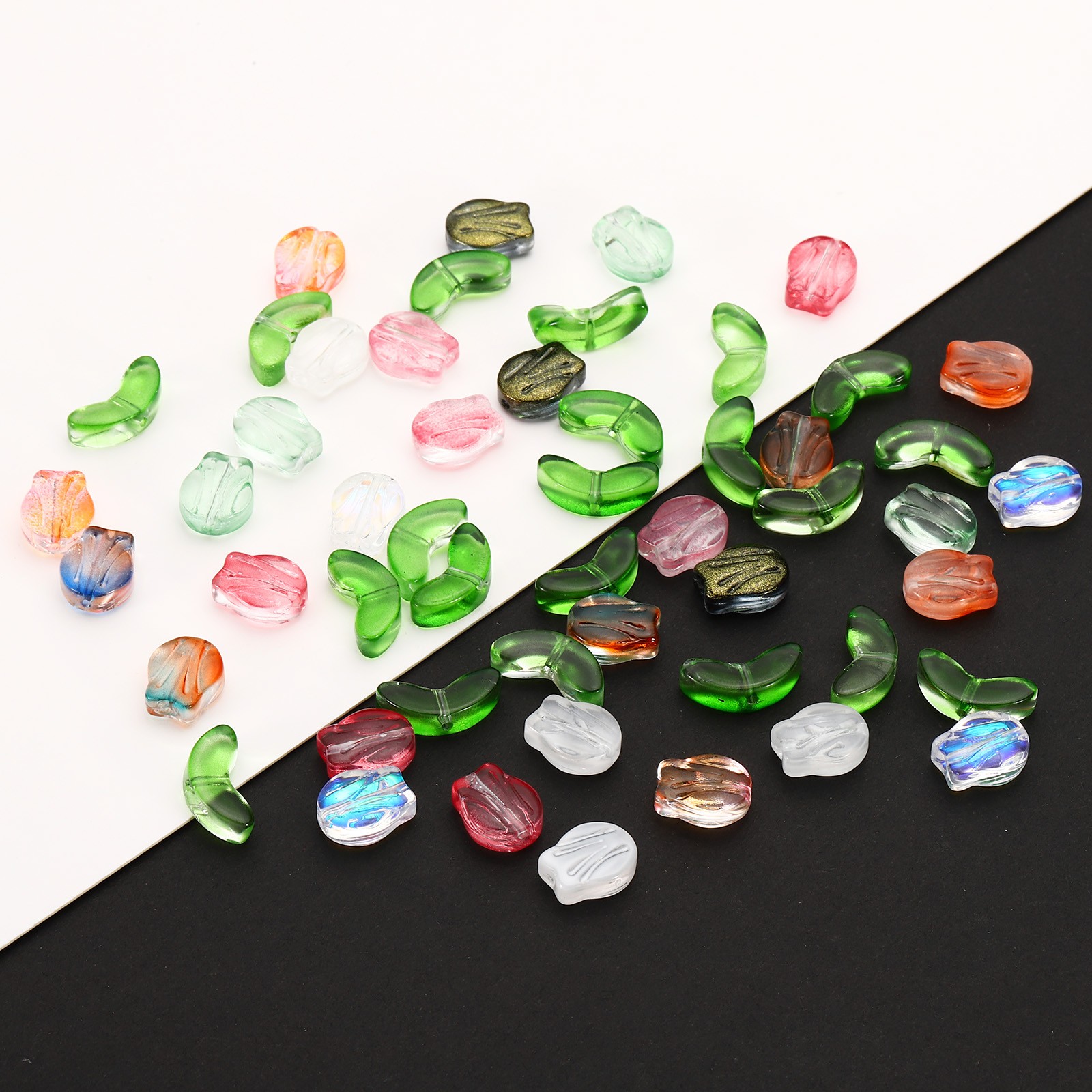 200 Pack Tulip Flower Crystal Glass Beads Texture Flower Bead Orange/Green