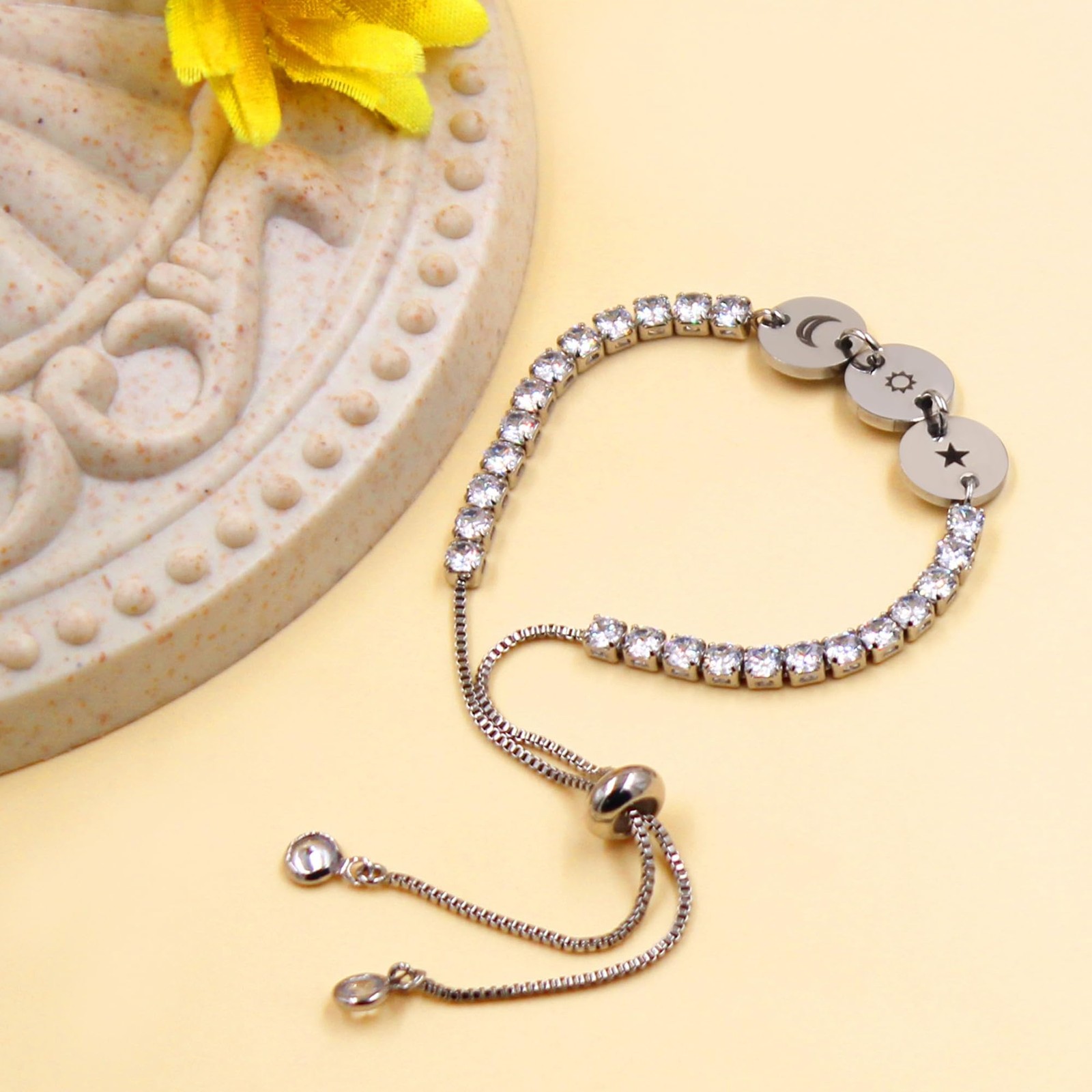 Platinum Plated Star Moon Sun Bracelet -3 Round Charm Tennis Bracelets for Women