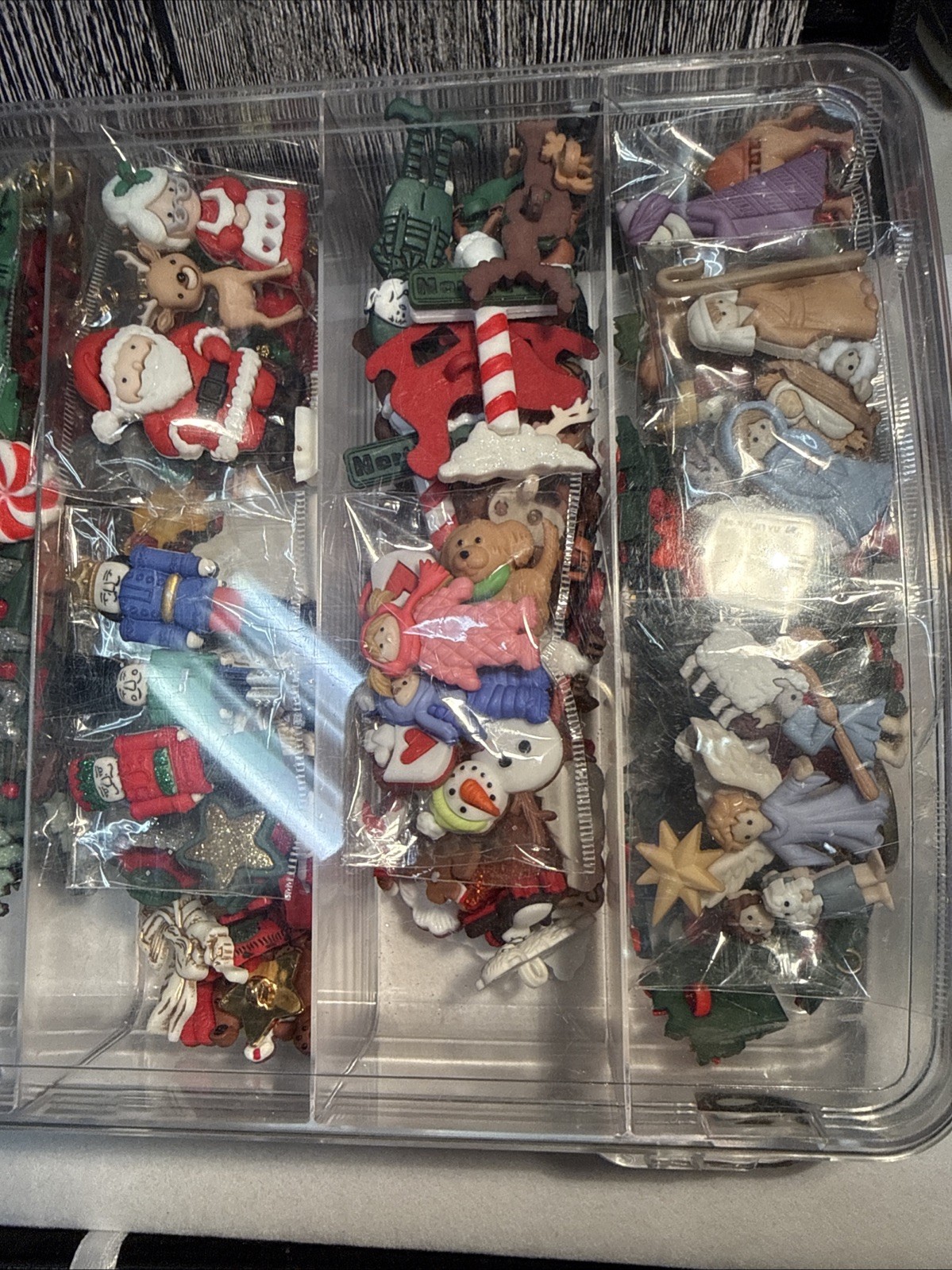 Plastic Case Of Christmas Craft Items- Beads, Charms, Plastic People – Free Ship