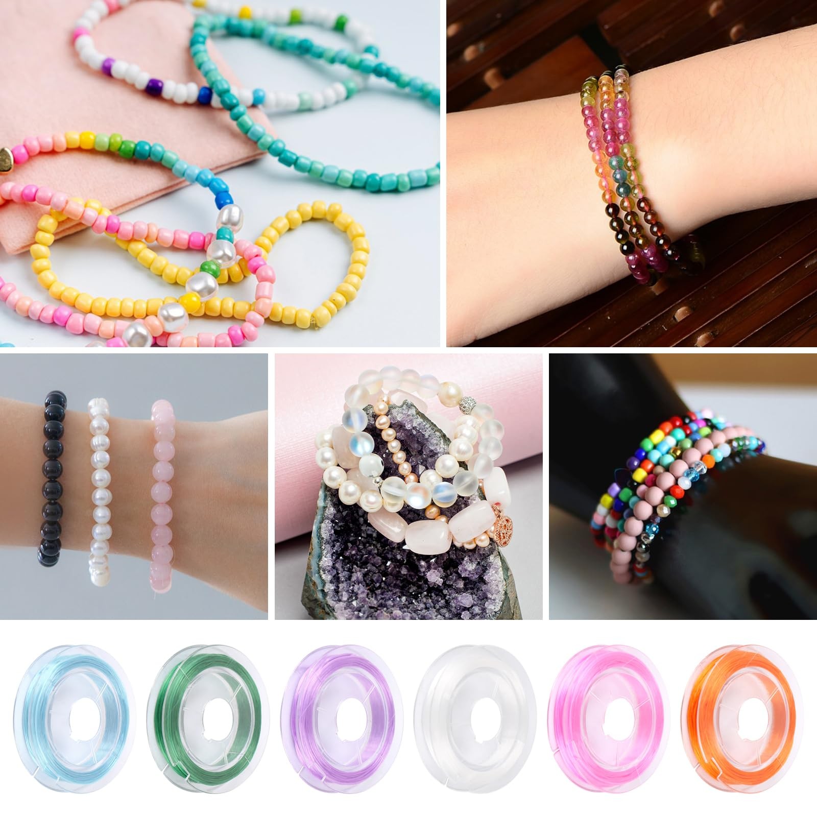 Teqooza 0.8mm Flat Elastic Bracelet String Cord, Colorful Rainbow Stretch Bea…