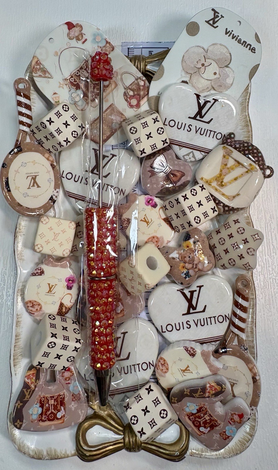 28 White Beige Monogram Luxury Focal Beads For Beadable Pens Keychains