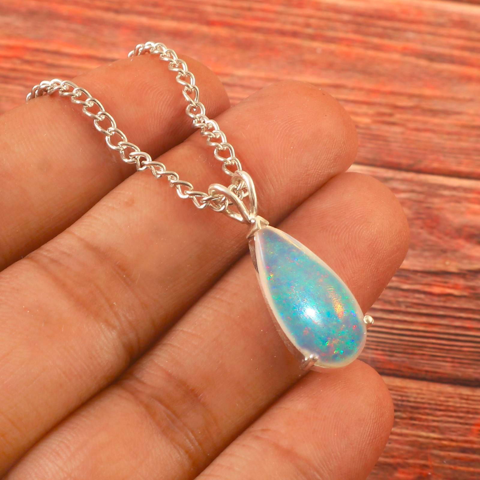 Blue Opal Pendant: Sterling Silver Necklace, October Birthstone