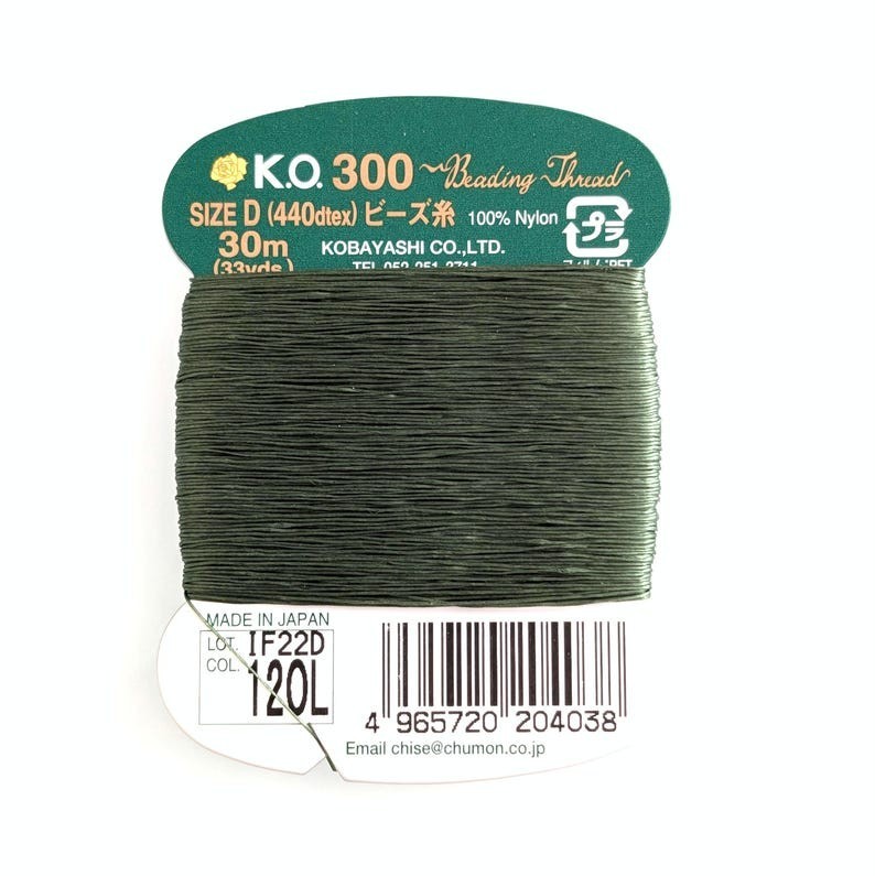 KO Beading Nylon Thread, 33 Yd / 30m Card, Size D 440dtex / 0.15mm Olive