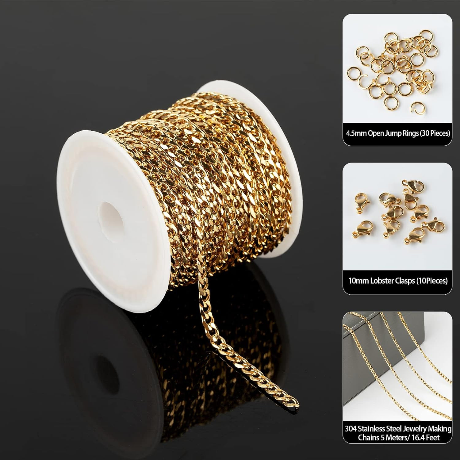 16.4 Feet Gold Stainless Steel Curb Cuban Chain for Jewelry Making Necklace Chok