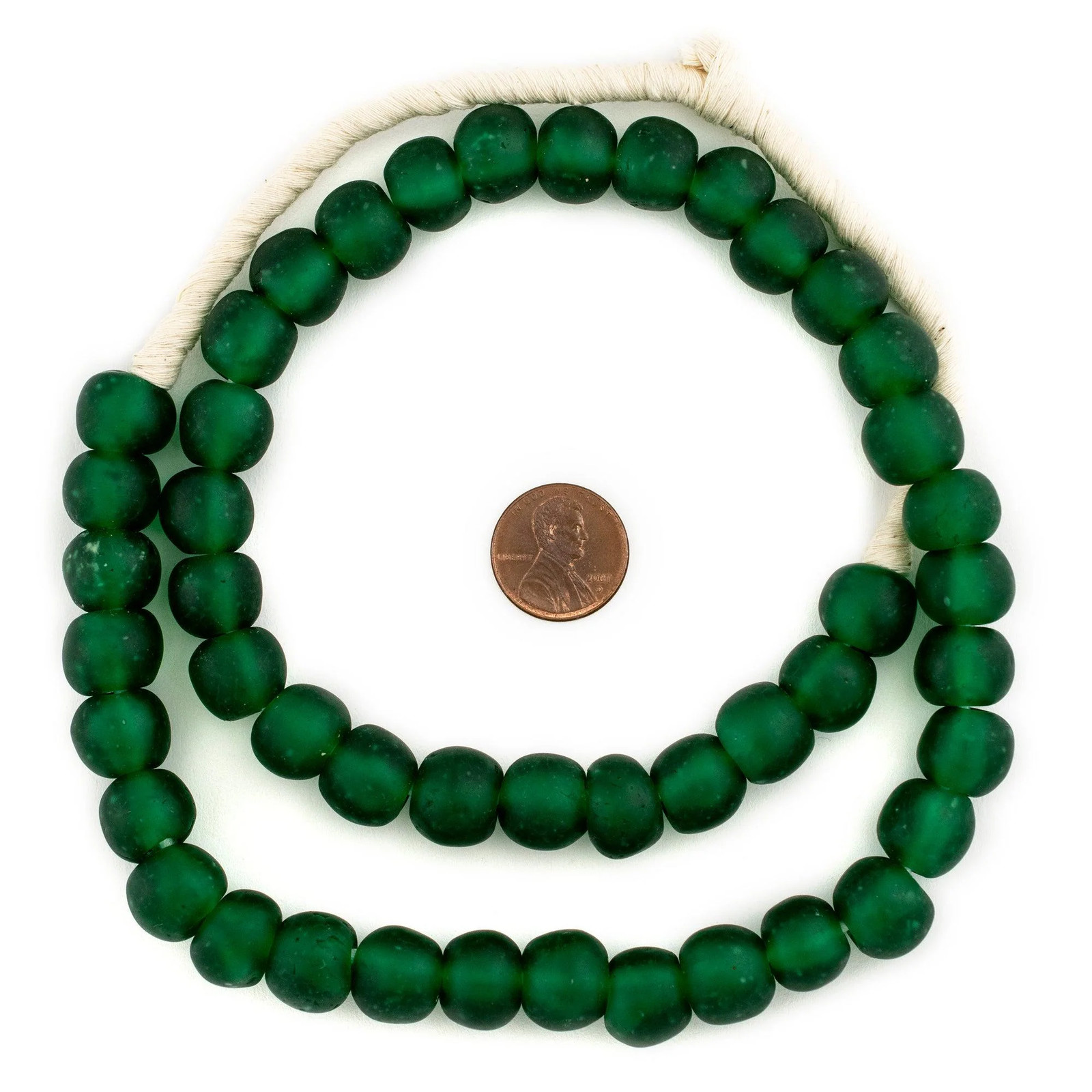 Emerald Green Recycled Glass Beads 14mm Ghana African Sea Glass Round Large Hole