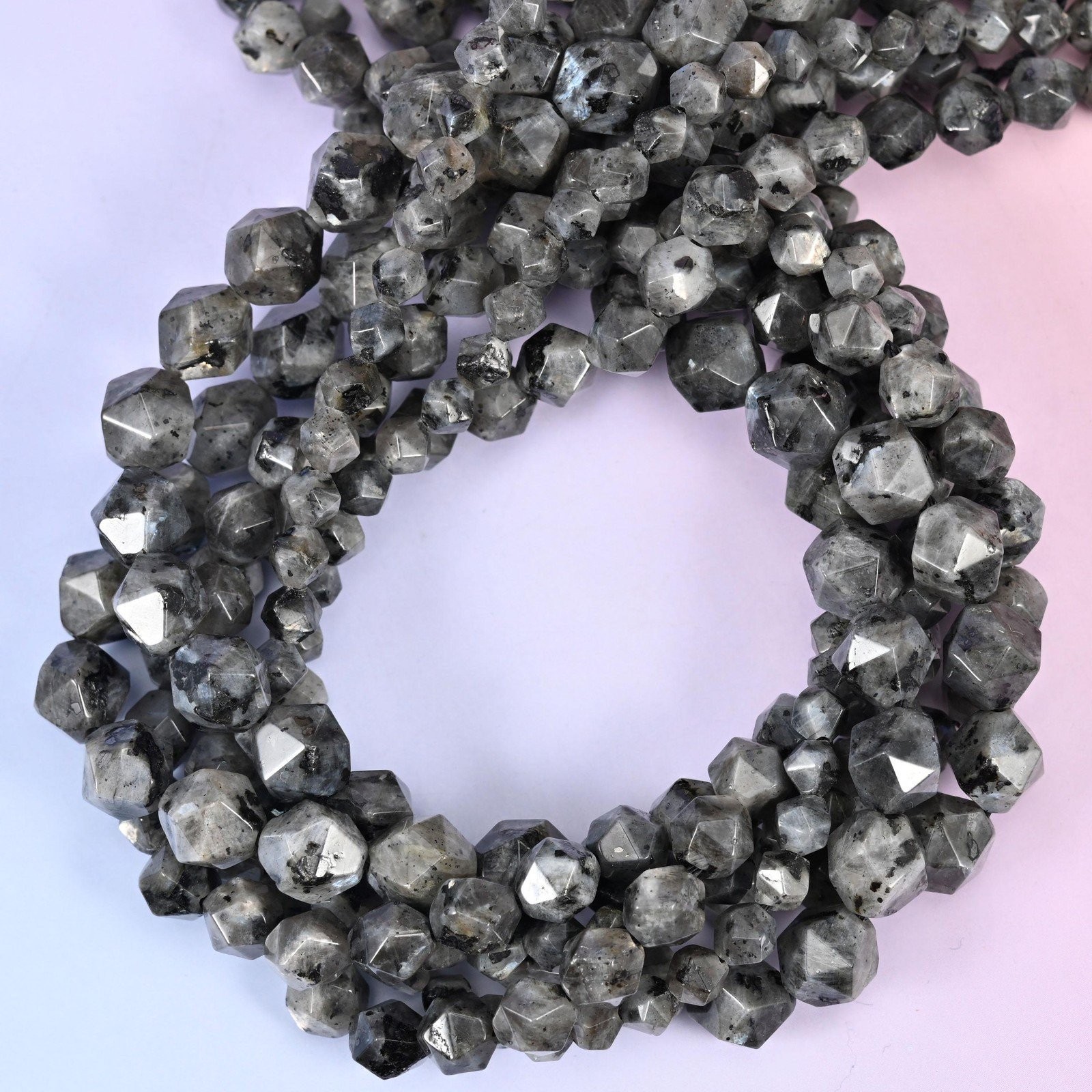 Black Labradorite Beads: Faceted Diamond Star Cut, 6-10mm, 15.5 inch Strand