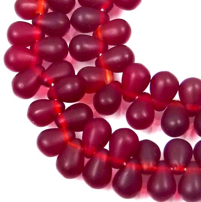 50 Czech Frosted Sea Glass Teardrop Beads – Matte – dark Red 6x4mm