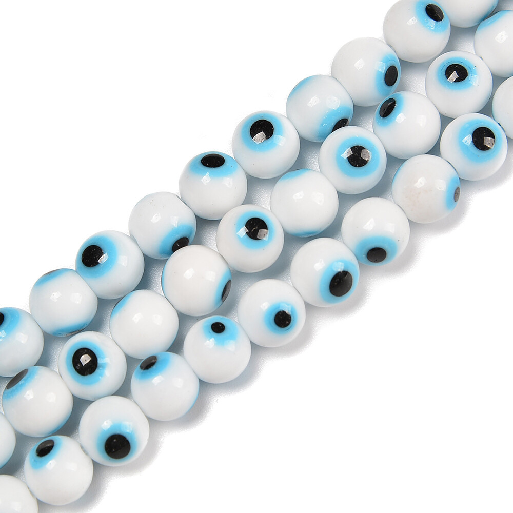 White Evil Eye Glass Smooth Round Beads Size 6mm 8mm 10mm 15.5″ Strand