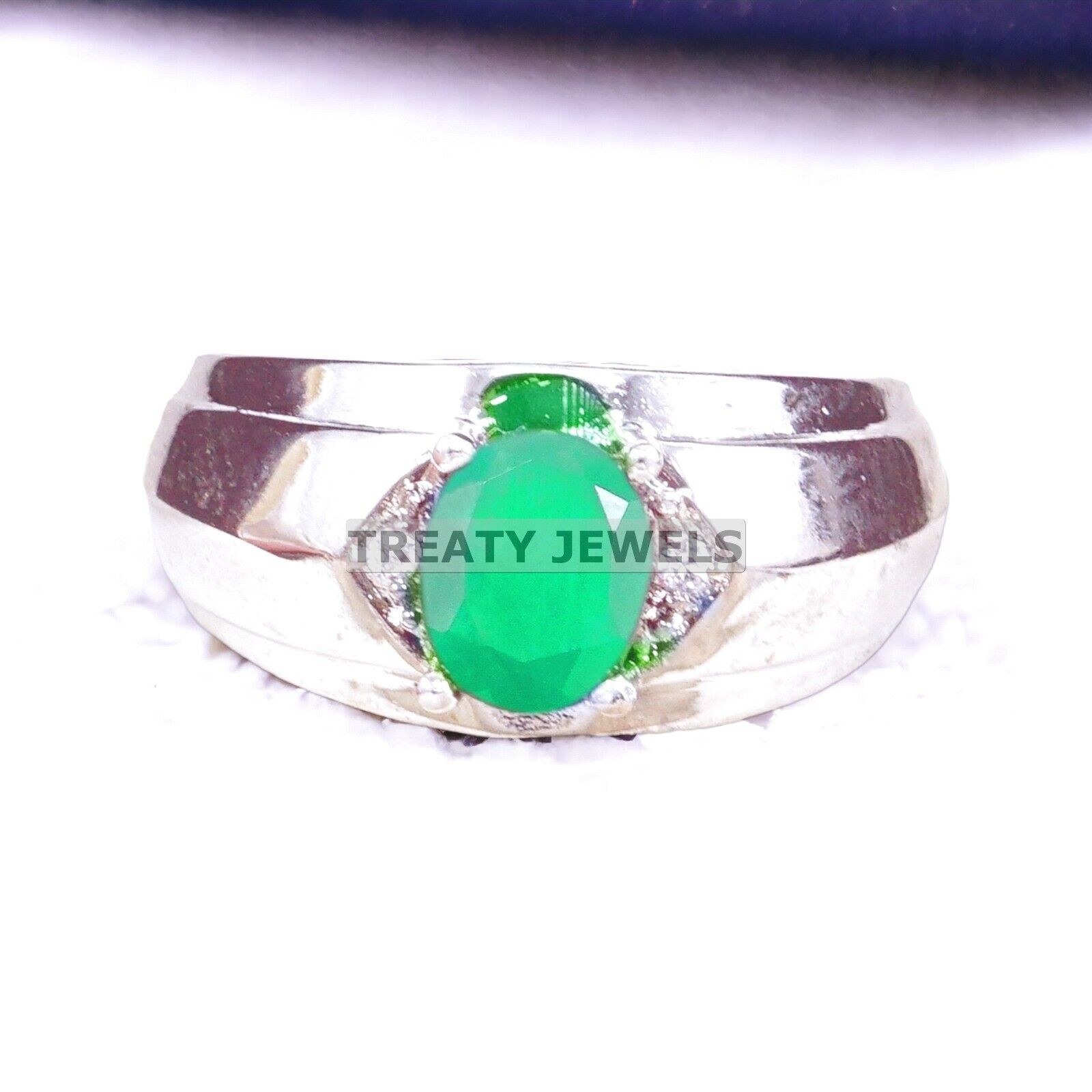Emerald Oval Cut Gemstone With Solid 14K White Gold Ring For Men’s #A274 #
