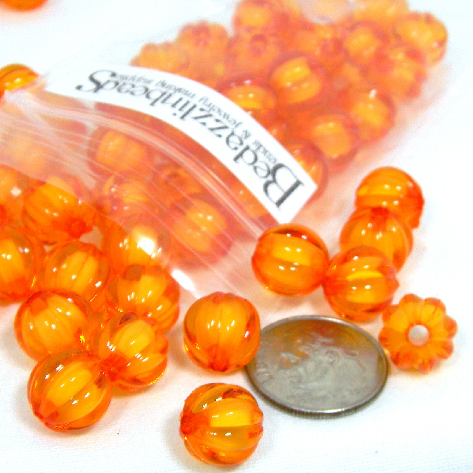 50 Orange Corrugated 10mm Round Ribbed Autumn Pumpkin Beads in a Plastic Bead