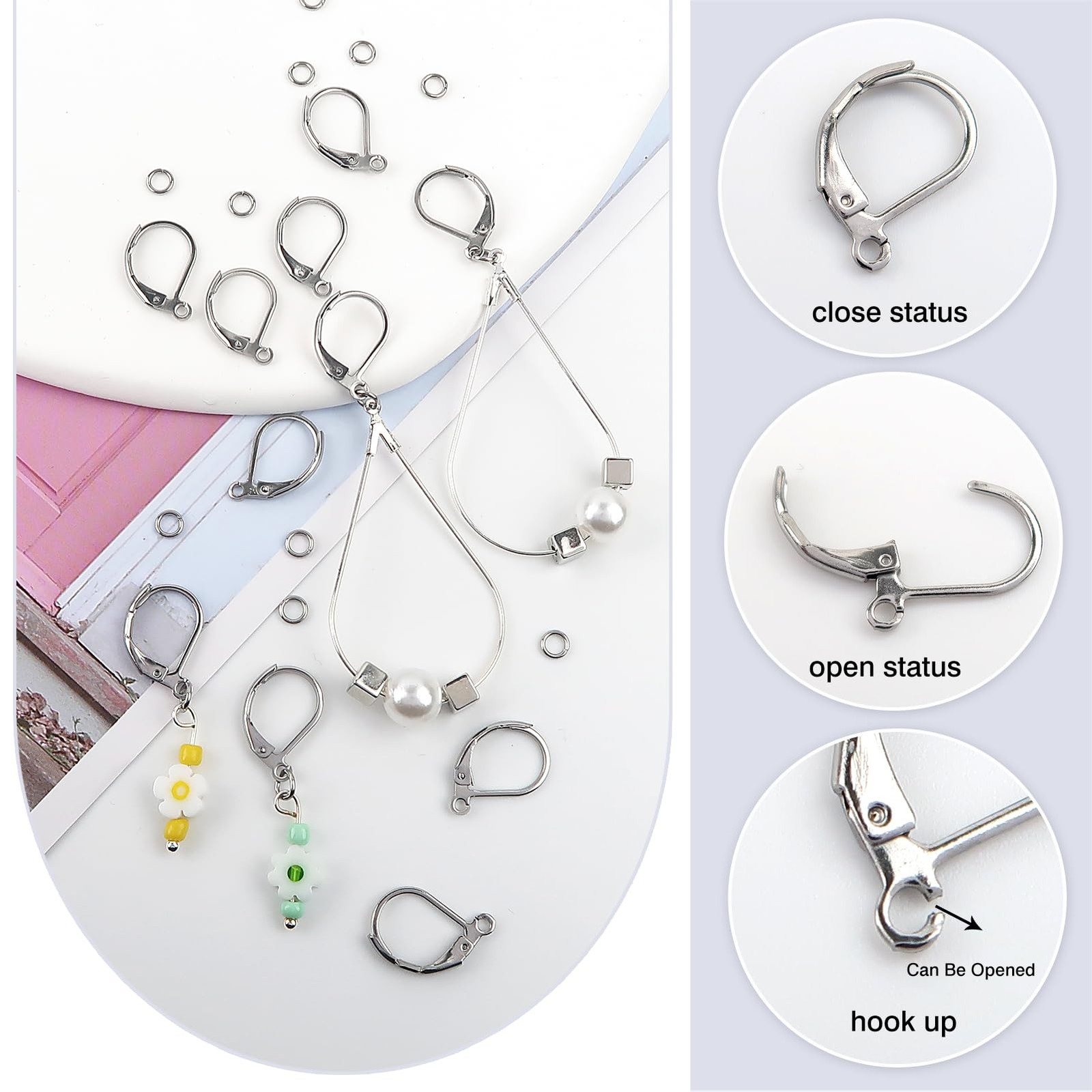 TOAOB 100pcs Stainless Steel Lever Back Earrings Hooks Kit Open Close Silver