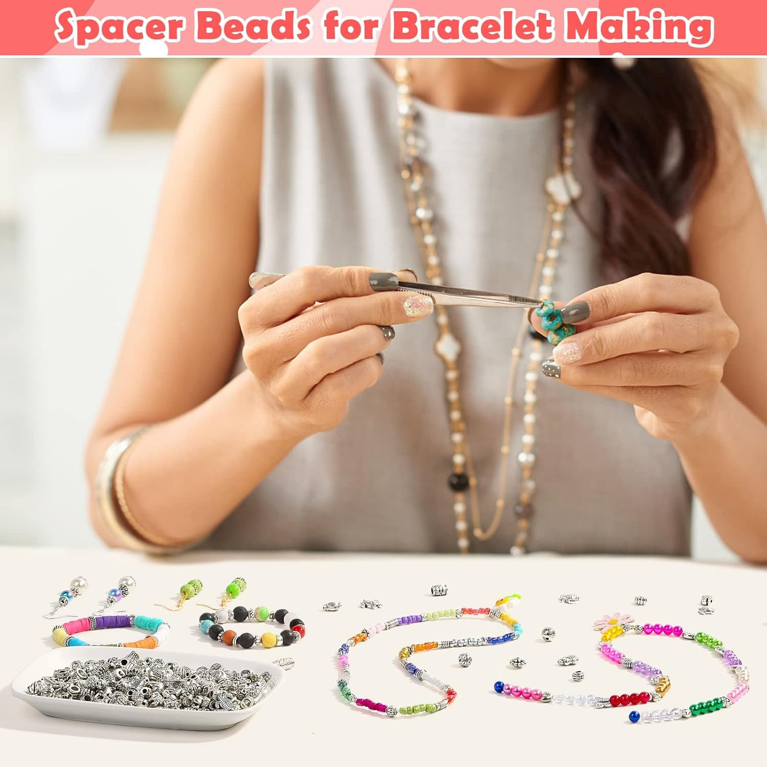350Pcs Silver Spacer Beads Mixed Metal Bulk for Jewelry Making DIY