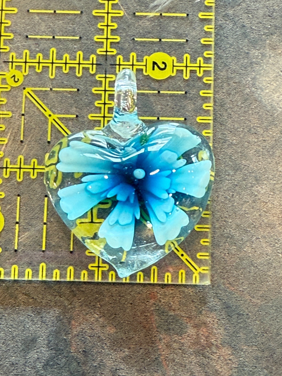 Hand Made Artisan Glass Pendant Puffy Heart Blue Flower Crafting Jewelry Making